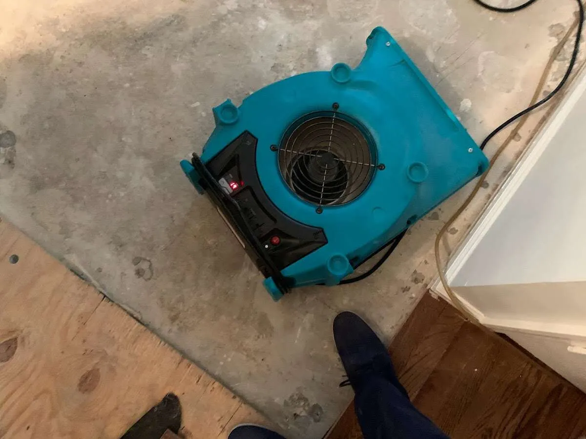 Air mover drying subfloor during Leak Detection & Repair in Smithfield